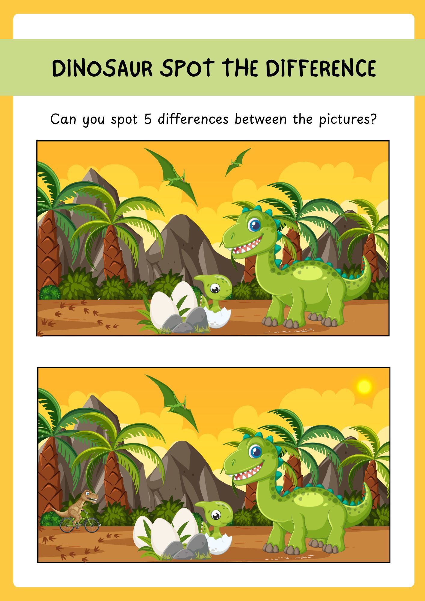 Dinosaur Spot the Difference Activity Worksheet in Colourful Cartoon Style