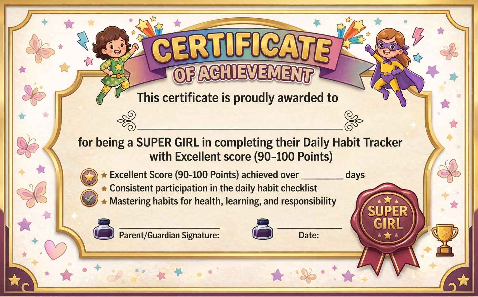 Good Habit Tracker Certificate girl 1_universepdf